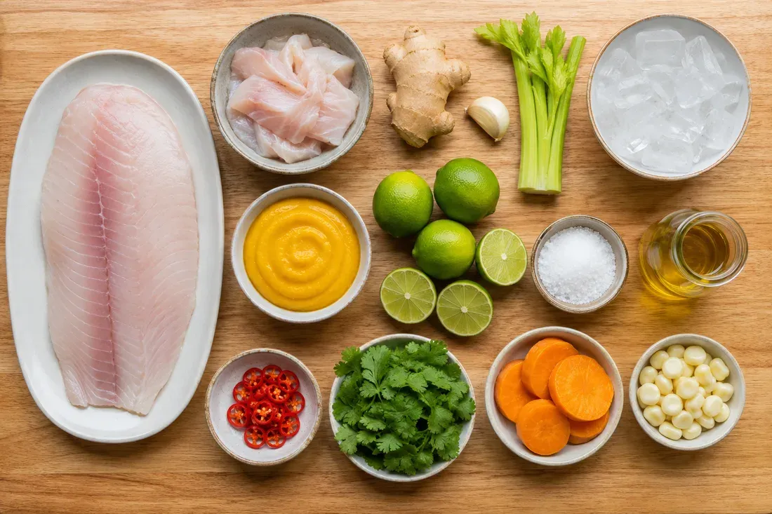 A fresh white fish fillet and trimmings, ginger, garlic, celery, ice, ají amarillo paste, limes, salt, oil, ají limo rings, cilantro, sweet potato and choclo