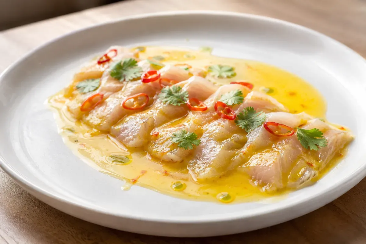 Thin sashimi-style slices of white fish fanned on a plate under a golden ají amarillo sauce, with red ají rings and cilantro