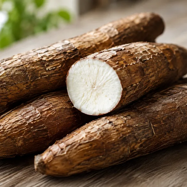 Peeled and cut yuca root, ready to cook